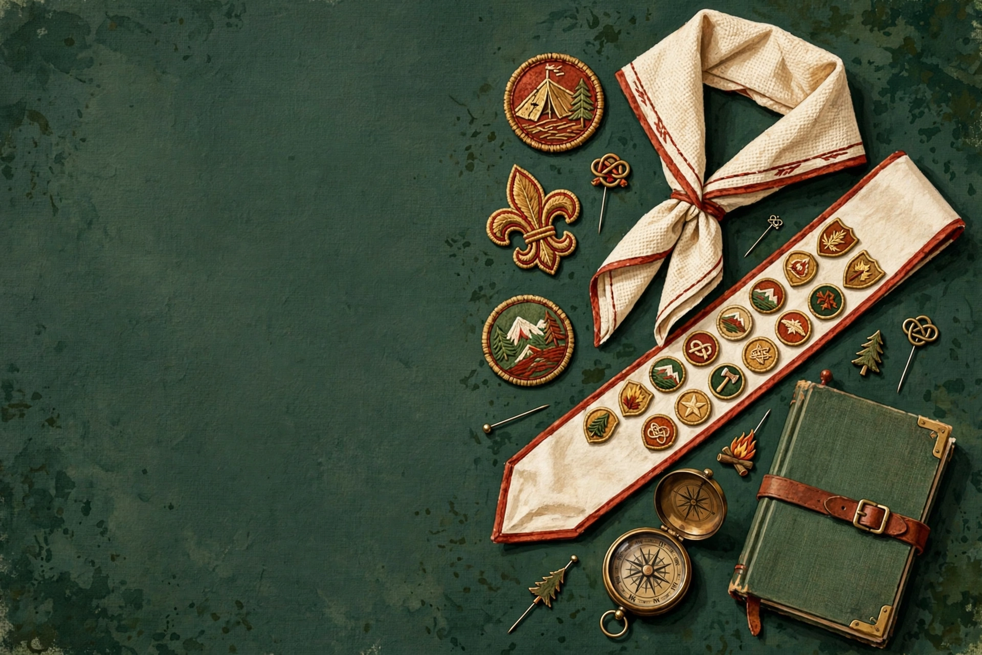 Boy Scout memorabilia including a merit badge sash, neckerchief, and pins